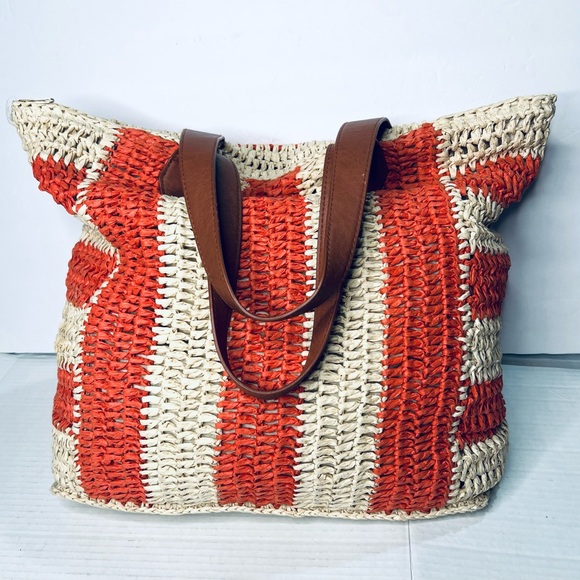 Striped Straw Tote Bag with Brown Handles - Red and Natural - Picture 4 of 5